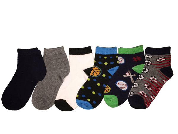 6-Pack Quarter Crew Sports Themed Socks