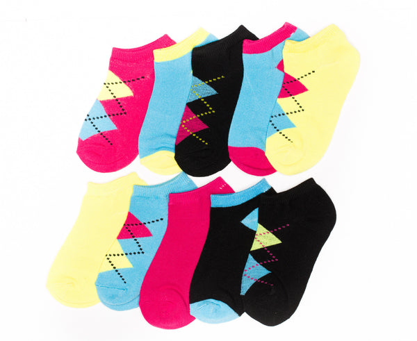10-Pack Argyle Heal & Toe Accent Color Socks
